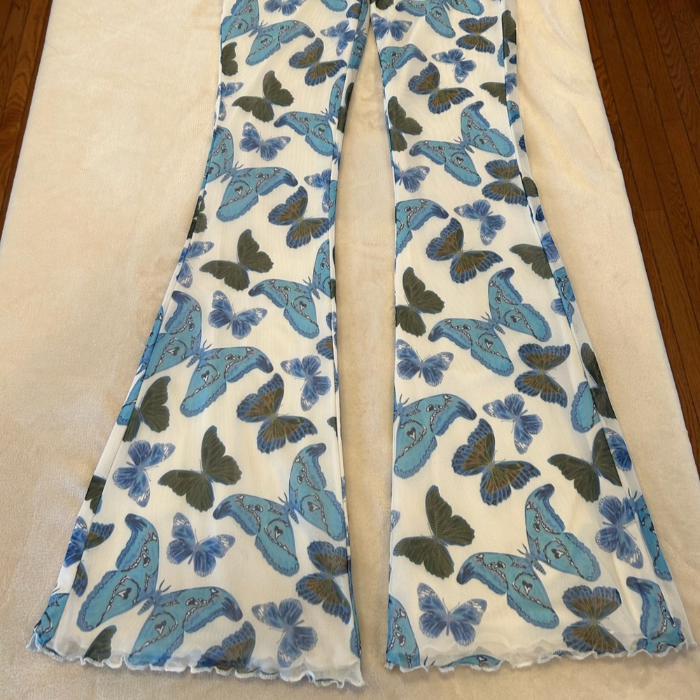 Tiger Mist Luna Butterfly Mesh High Rise Flare Pants White Blue, Size XS